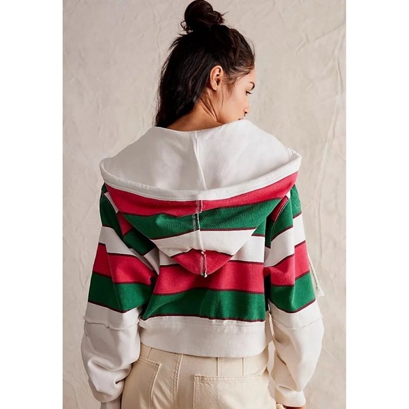 Free People We The Free Ry Zip Thru Hoodie Top Ribbed Cropped Cotton L NWT - Picture 2 of 7